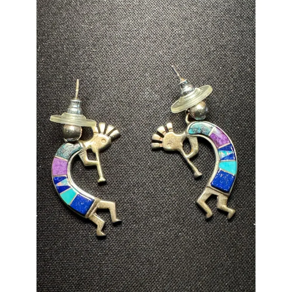 Sterling Navajo Kokopelli Earrings Signed by Artist Turquoise, Opal, Lapis